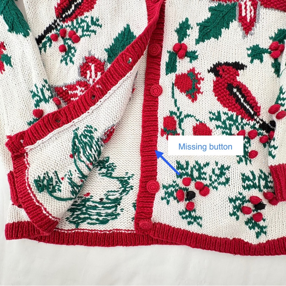 Vintage Holiday Cardinal Cardigan | Poinsettia Christmas Sweater | Cotton | M - Picture 8 of 9